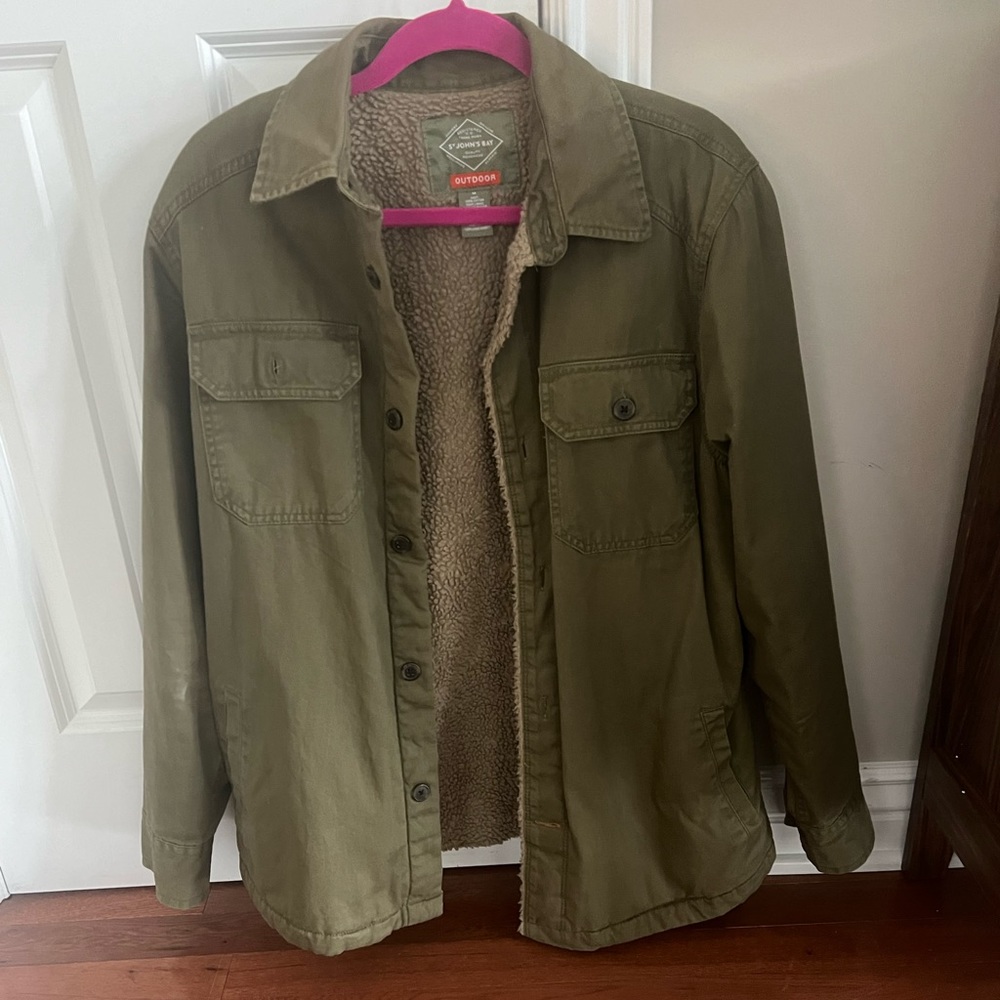 St Johns Bay Men Medium Green Fleece Lined Outdoor Button Front Pockets Jacket M